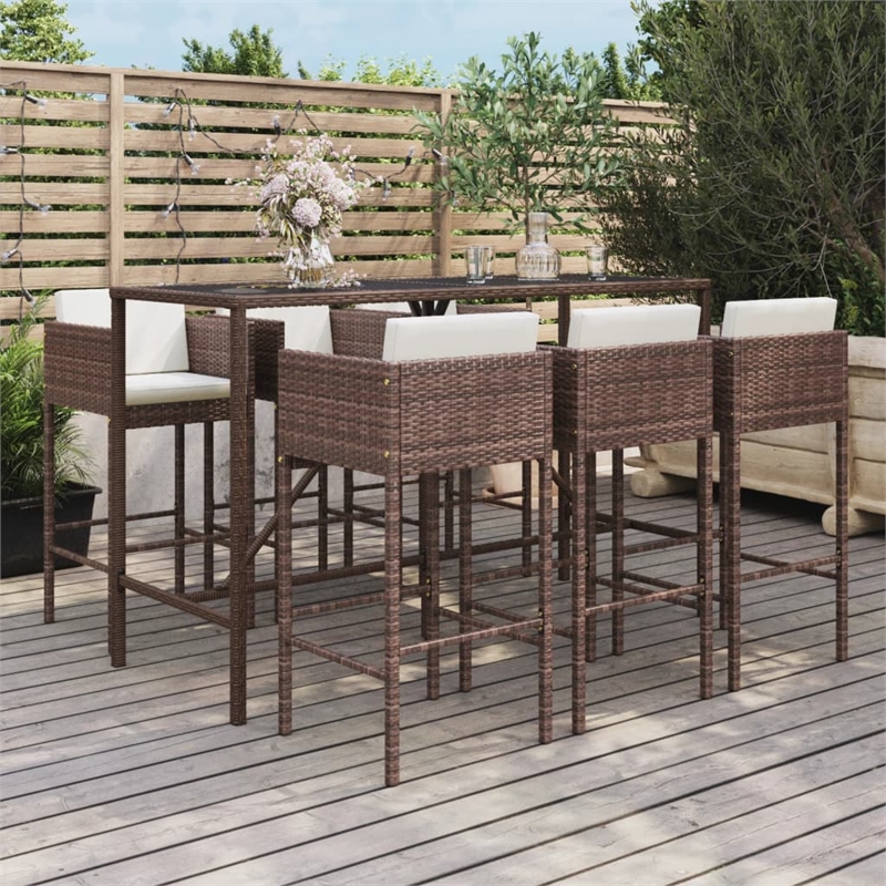 Pemberly Row Garden Outdoor Patio Bar Set with Cushions in Brown