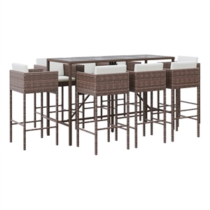 Pemberly Row 9 Piece Poly Rattan Bar Set in White/Brown/Cream
