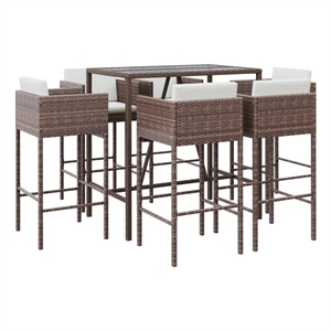 Pemberly Row 7 Piece Outdoor Patio Bar Set with Cushions in Brown