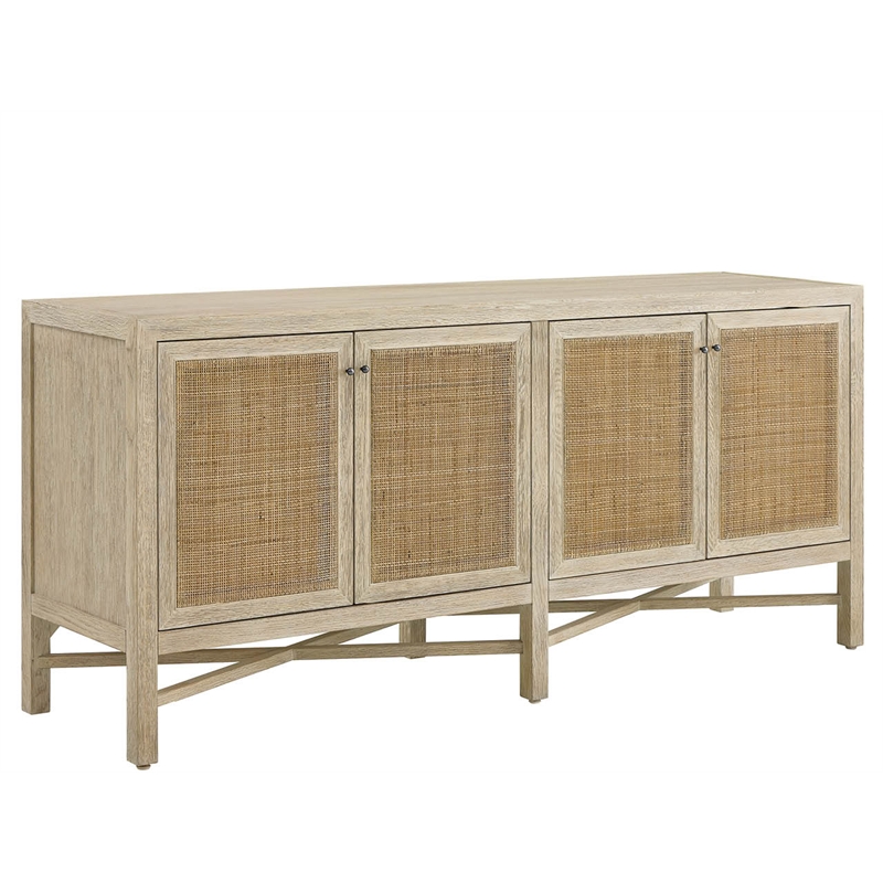 Pemberly Row Woven Door Oak Credenza with Adjustable Shelves in Dockside Tan