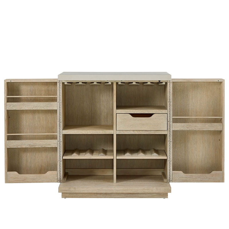 Pemberly Row Oak Bar Cabinet with Quartz Top and Wine Storage in Dockside