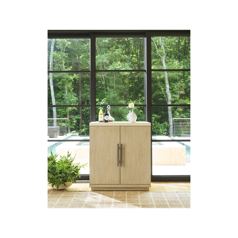 Pemberly Row Oak Bar Cabinet with Quartz Top and Wine Storage in Dockside