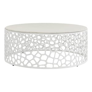 Pemberly Row Coral Sculptural Metal Base Cocktail Table with Stone Top in White