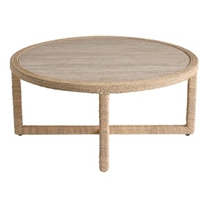 Pemberly Row Abaca Wrapped Cocktail Table with Travertine Top in Natural Tan