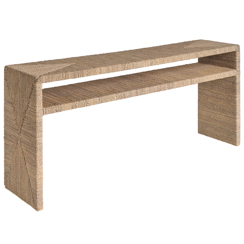 Pemberly Row Abaca Wrapped Console with Open Shelf Display in Natural Tan