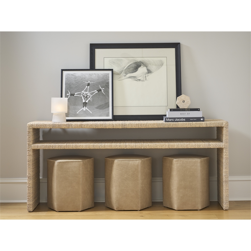 Pemberly Row Abaca Wrapped Console with Open Shelf Display in Natural Tan