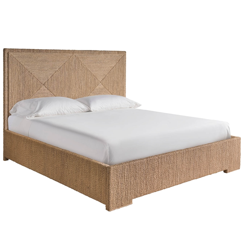 Pemberly Row Abaca Fiber Woven Queen Bed with Geometric Headboard in Oak