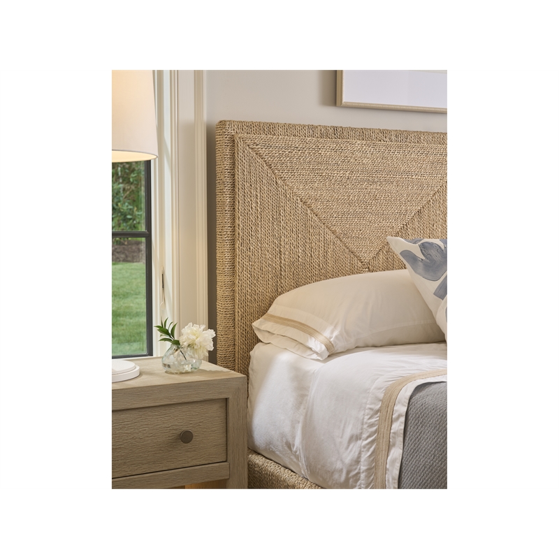 Pemberly Row Abaca Fiber Woven Queen Bed with Geometric Headboard in Oak