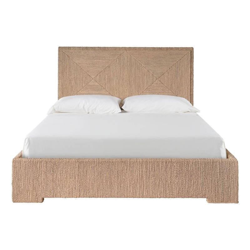 Pemberly Row Abaca Fiber Woven Queen Bed with Geometric Headboard in Oak