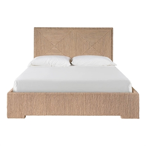 pemberly row abaca fiber woven queen bed with geometric headboard in oak