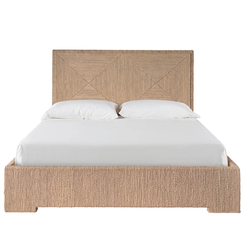 Pemberly Row Abaca Fiber Woven King Bed with Geometric Headboard in Oak