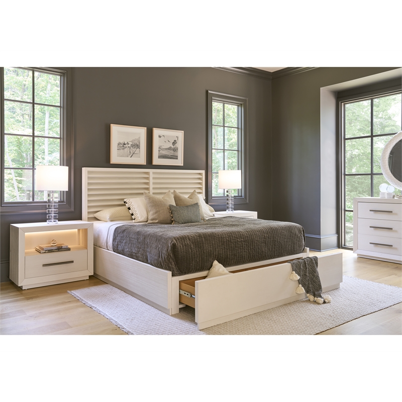 Pemberly Row Shoreline Louvered Panel Storage King Bed in White Pine