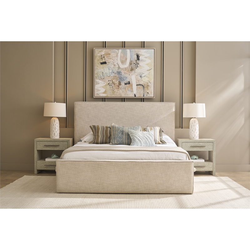 Pemberly Row Drift Upholstered Queen Bed in Yukon Sand with Oak Frame
