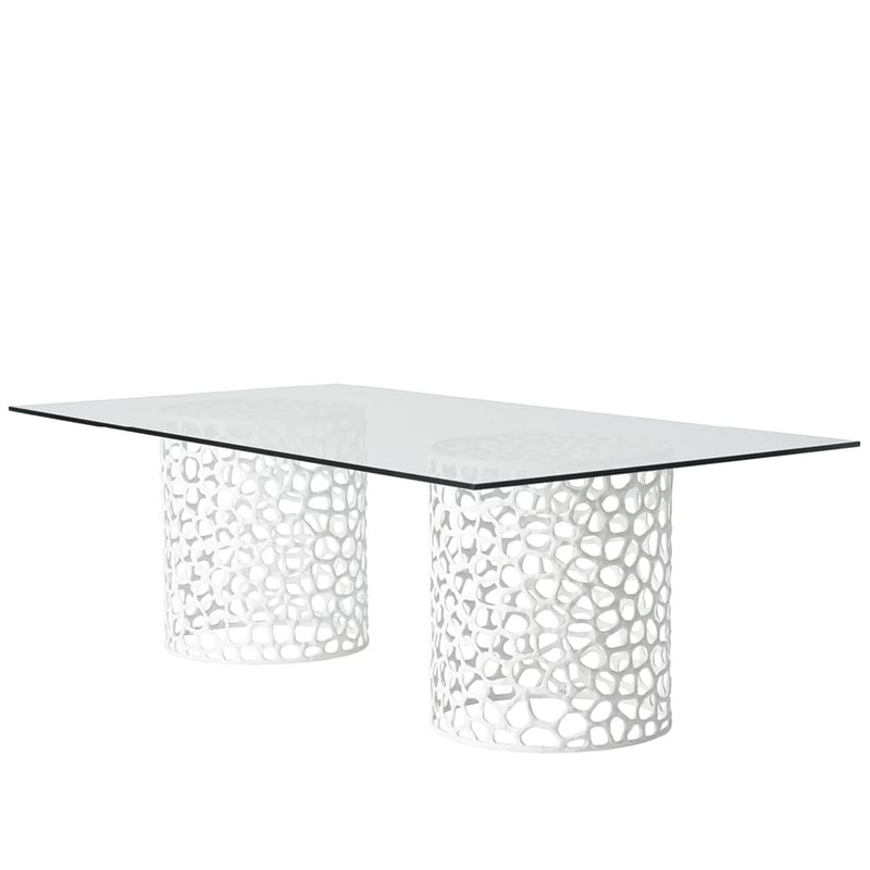 Pemberly Row Coral Glass Top Rectangle Dining Table in Coastal White