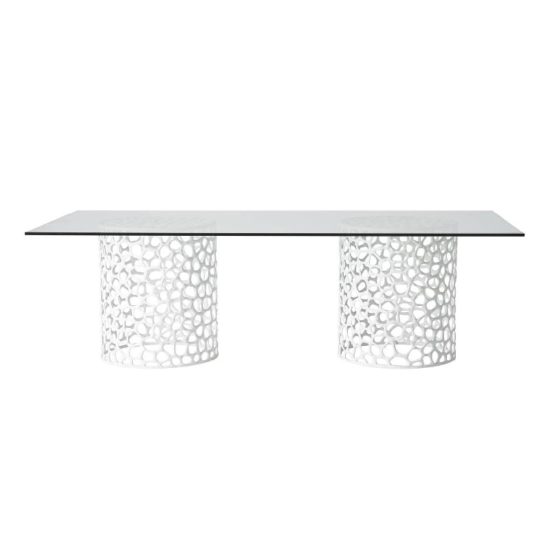 Pemberly Row Coral Glass Top Rectangle Dining Table in Coastal White