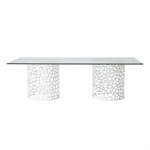 Pemberly Row Coral Glass Top Rectangle Dining Table in Coastal White
