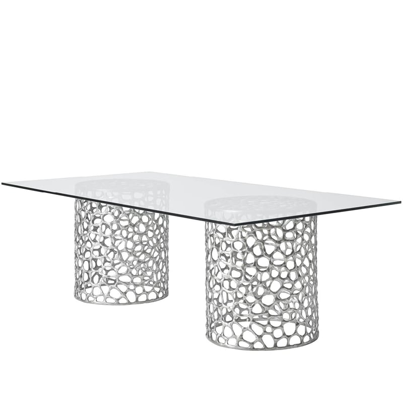 Pemberly Row Coral Glass Top Rectangle Dining Table in Antique Nickel