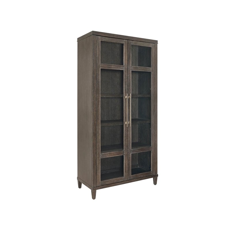 Pemberly Row Glass Door Oak Display Cabinet with LED Lighting in Cocoa