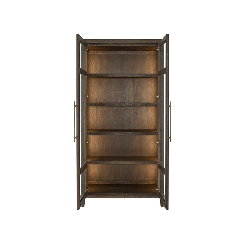 Pemberly Row Glass Door Oak Display Cabinet with LED Lighting in Cocoa