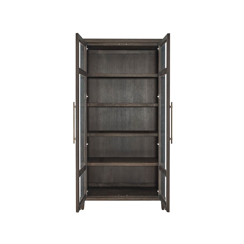 Pemberly Row Glass Door Oak Display Cabinet with LED Lighting in Cocoa