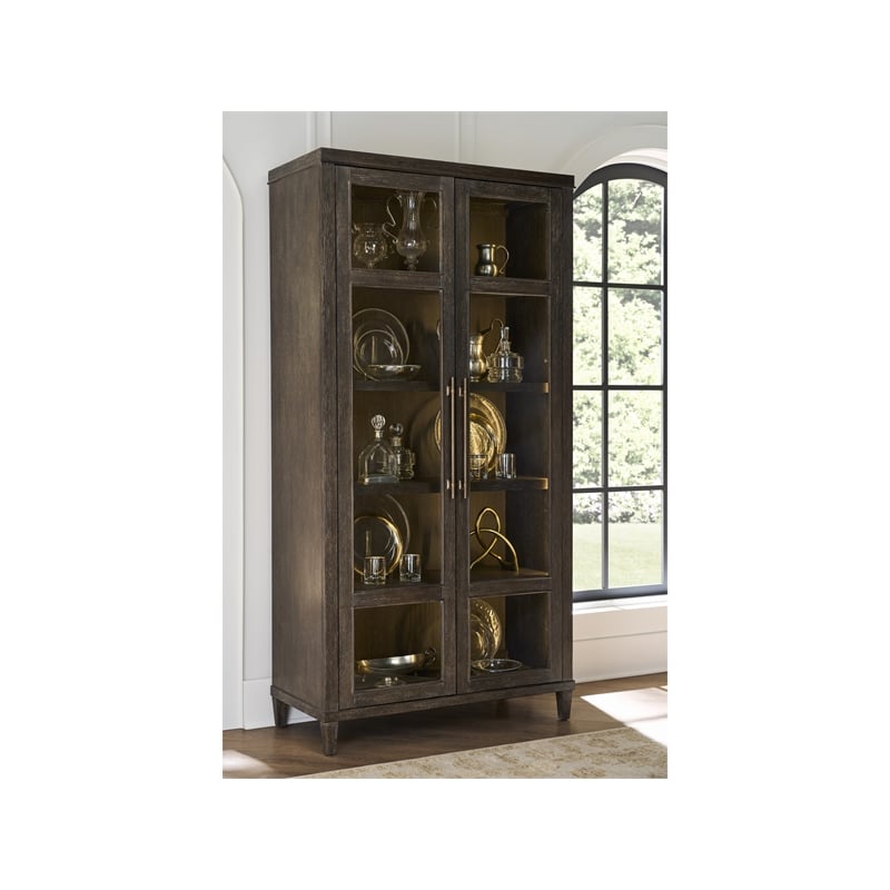 Pemberly Row Glass Door Oak Display Cabinet with LED Lighting in Cocoa
