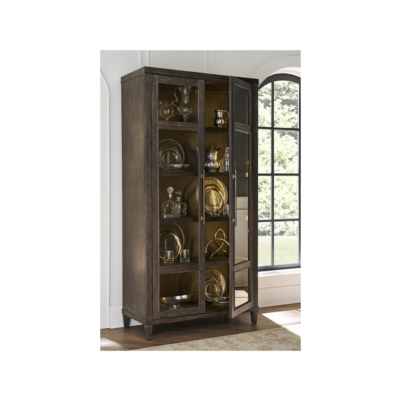 Pemberly Row Glass Door Oak Display Cabinet with LED Lighting in Cocoa