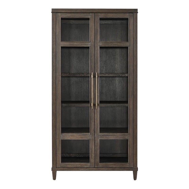Pemberly Row Glass Door Oak Display Cabinet with LED Lighting in Cocoa