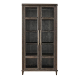Pemberly Row Glass Door Oak Display Cabinet with LED Lighting in Cocoa