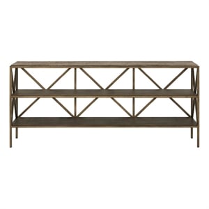 Pemberly Row Travertine and Smoked Gold Console Table in Dark Gray