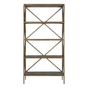 Pemberly Row Smoked Gold Metal and Wood Etagere with Display Shelves in Cocoa