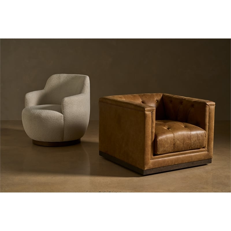 Pemberly Row Button-Tufted Leather Swivel Chair with Sable Legs in Brown
