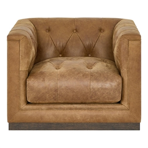 Pemberly Row Button-Tufted Leather Swivel Chair with Sable Legs in Brown