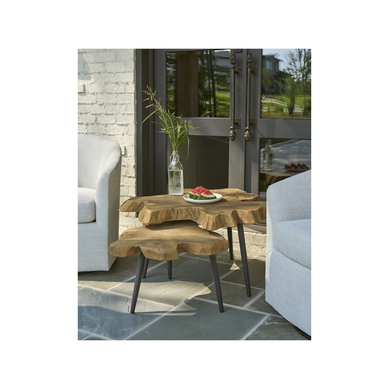 Pemberly Row Driftwood Nesting Tables with Lower Shelf in Natural Teak