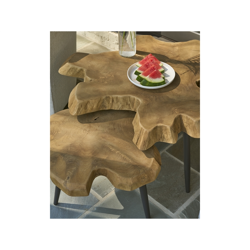 Pemberly Row Driftwood Nesting Tables with Lower Shelf in Natural Teak