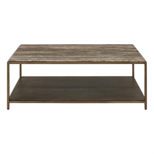 Pemberly Row Brindle Round Cocktail Table in Smoked Gold/Travertine
