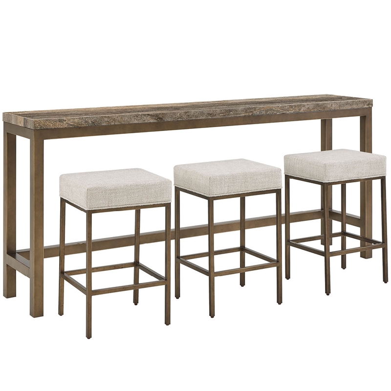 Pemberly Row Brindle Console Table with Stools in Gold/Travertine