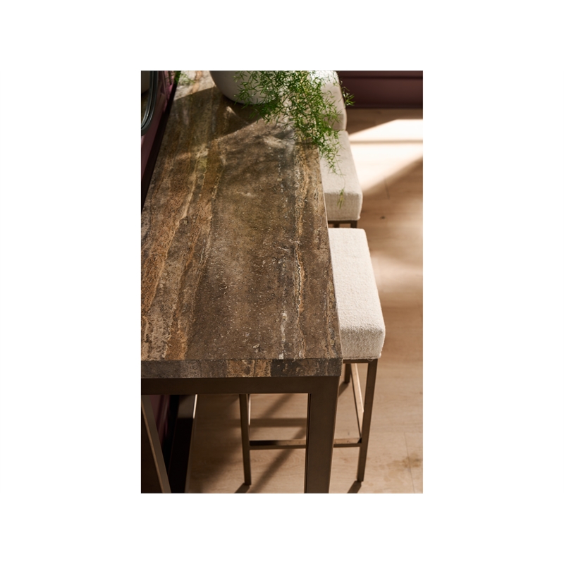 Pemberly Row Brindle Console Table with Stools in Gold/Travertine