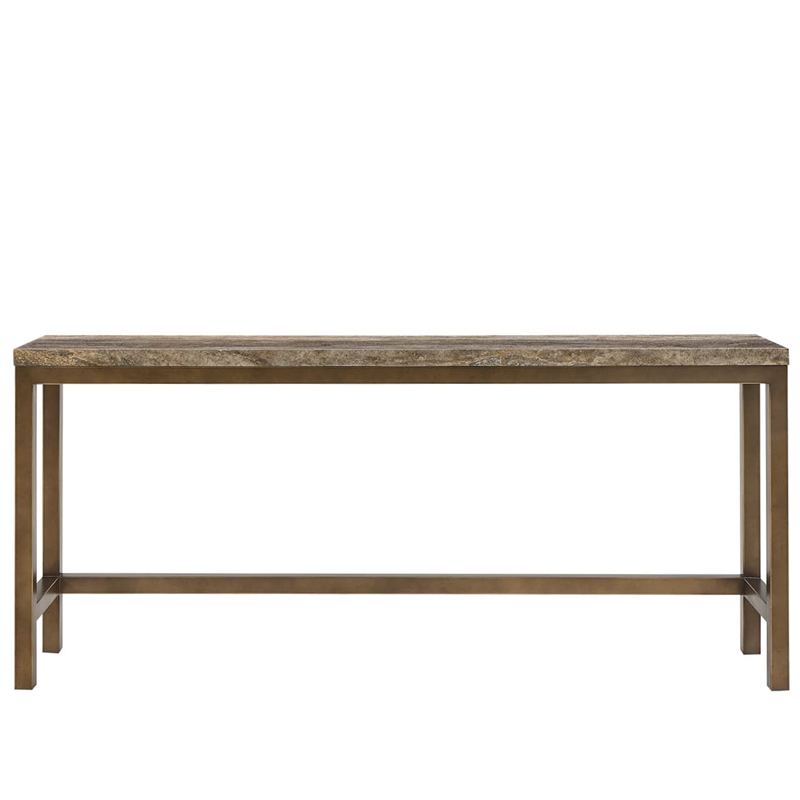 Pemberly Row Brindle Console Table with Stools in Gold/Travertine