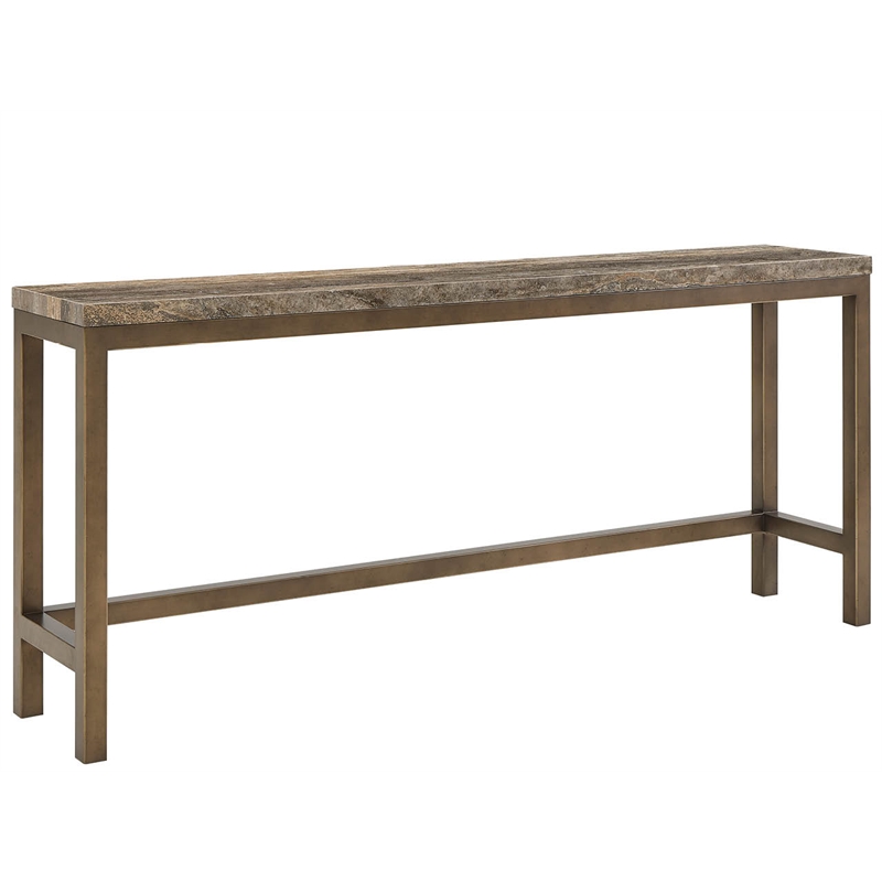 Pemberly Row Brindle Console Table with Stools in Gold/Travertine