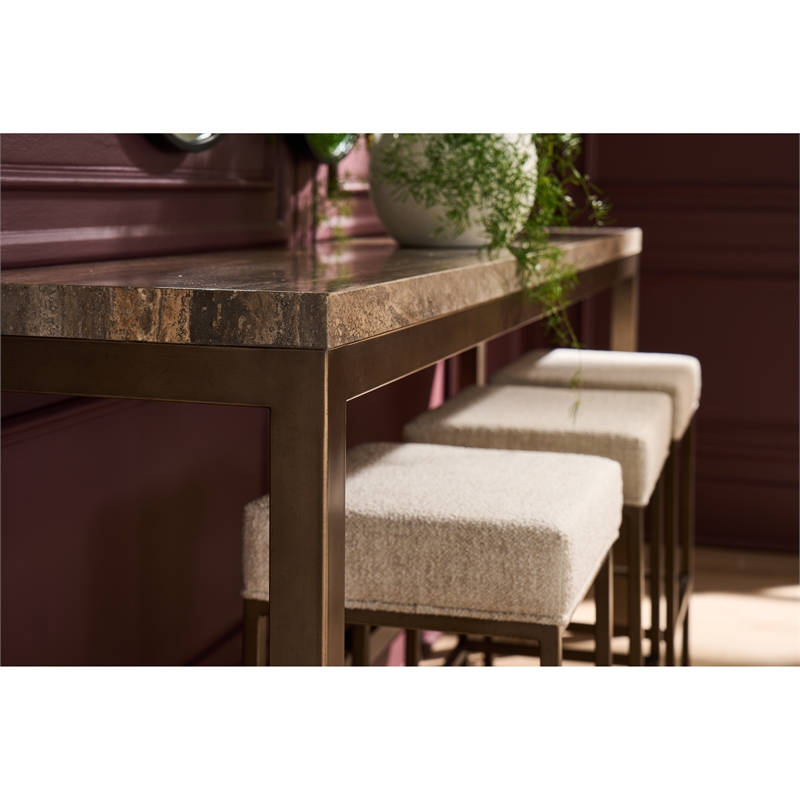 Pemberly Row Brindle Console Table with Stools in Gold/Travertine