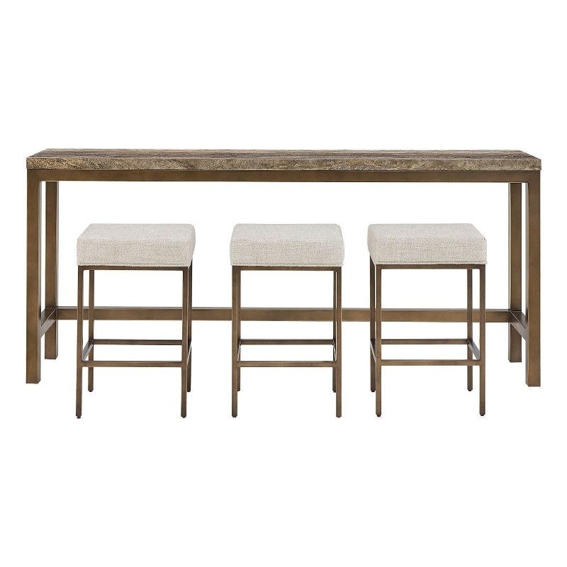 Pemberly Row Brindle Console Table with Stools in Gold/Travertine