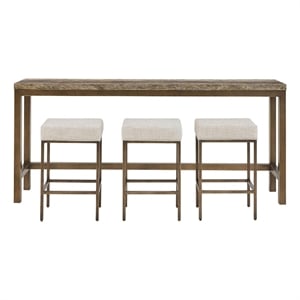 Pemberly Row Brindle Console Table with Stools in Gold/Travertine