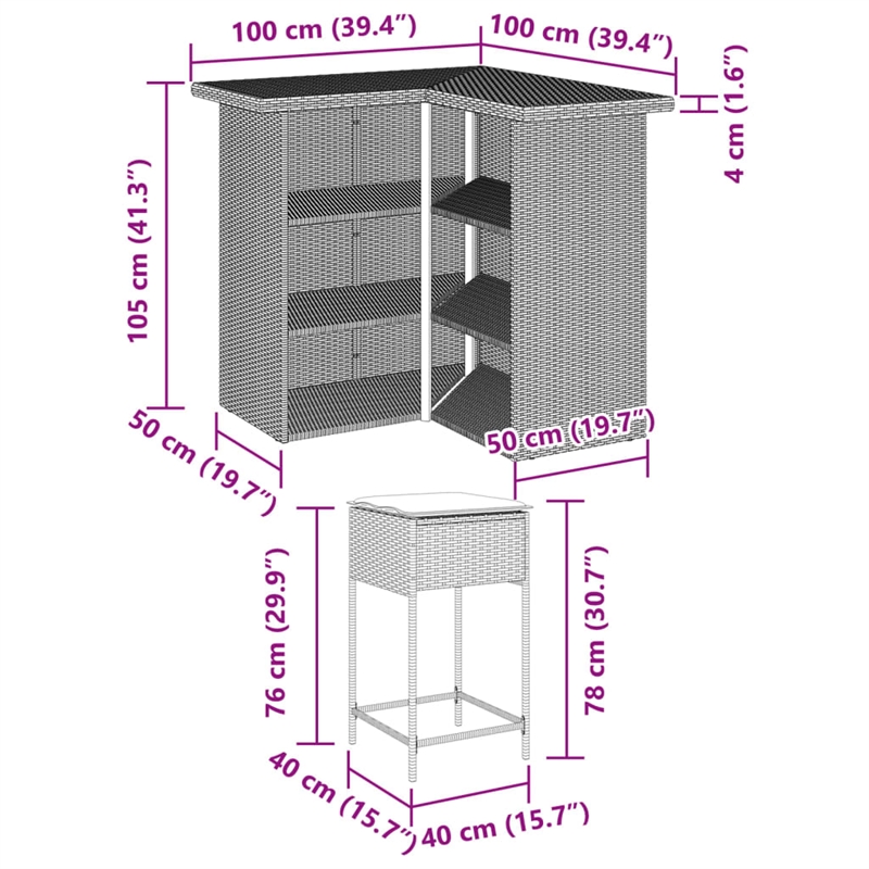 Pemberly Row 3 Piece Poly Rattan Outdoor Patio Bar Set in Gray