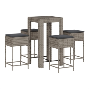 Pemberly Row Poly Rattan Outdoor Patio Bar Set with Cushions in Gray