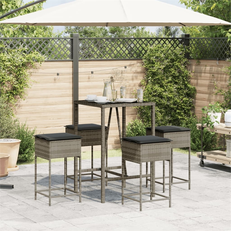 Pemberly Row 5 Piece Outdoor Patio Bar Set with Cushions in Black/Gray