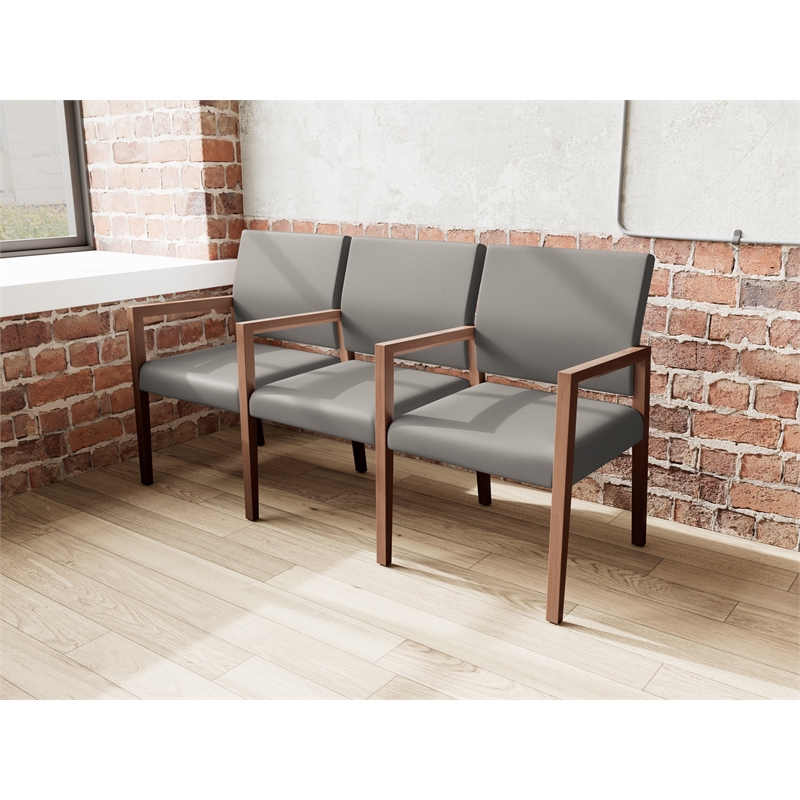 Pemberly Row Waiting Reception 3 Seat Tandem Seating Wood Frame in Gray
