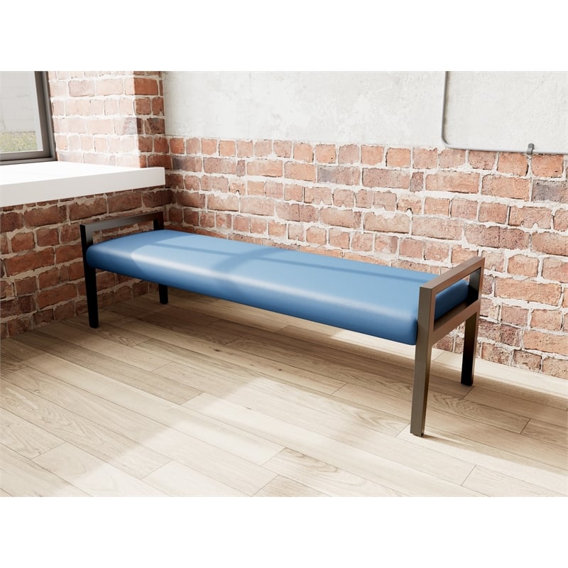 Pemberly Row Waiting Reception 3 Seat Bench Wood Frame in Blue