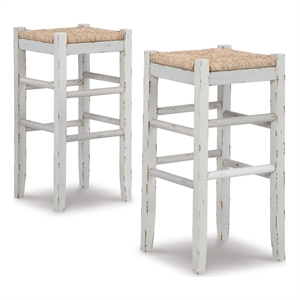 Pemberly Row 30&quot Bar Height Stool Set of 2 with Brown Woven Seat in Rustic White