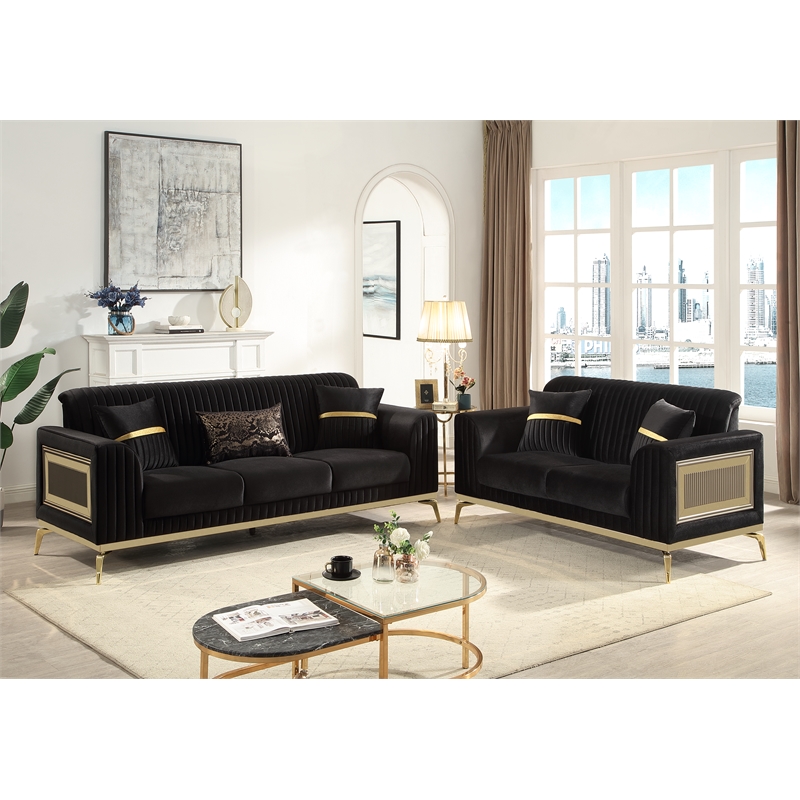 Pemberly Row Contemporary Upholstered 2 Piece Living Room Set in Black