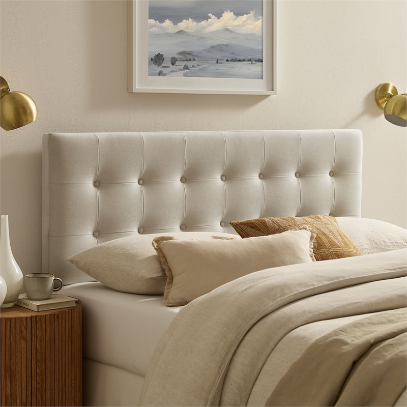 Pemberly Row Stain-Resistant Performance Velvet Full Headboard in Alabaster